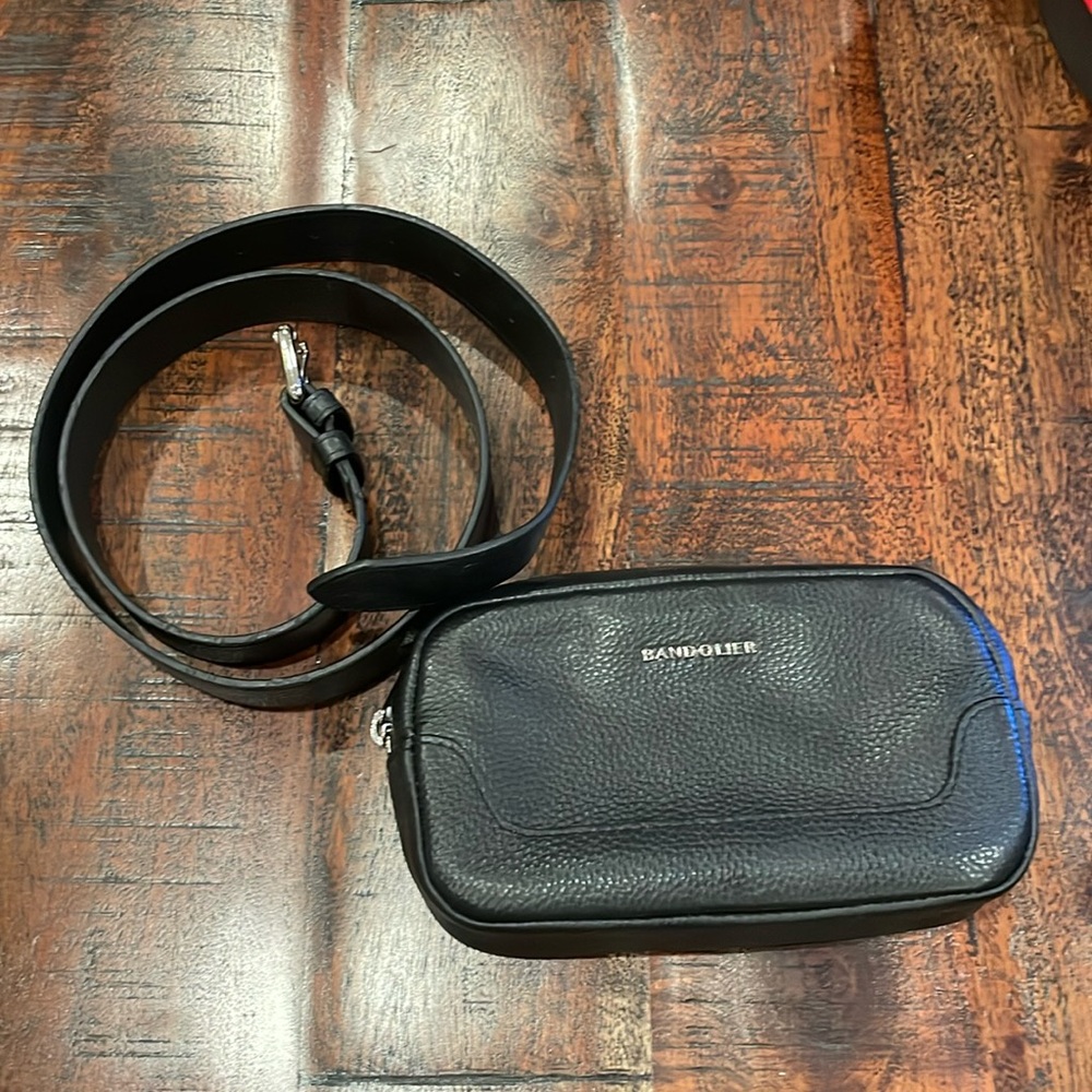 Bandolier Black Leather Mini Crossbody Bag with Strap